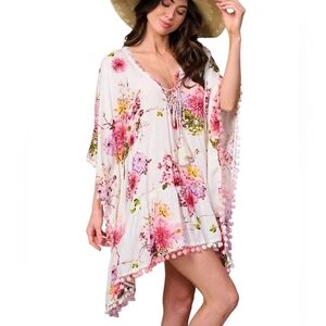 Boutique Women's Short Sleeve V-Neck Pink Floral Kaftan Short Dress